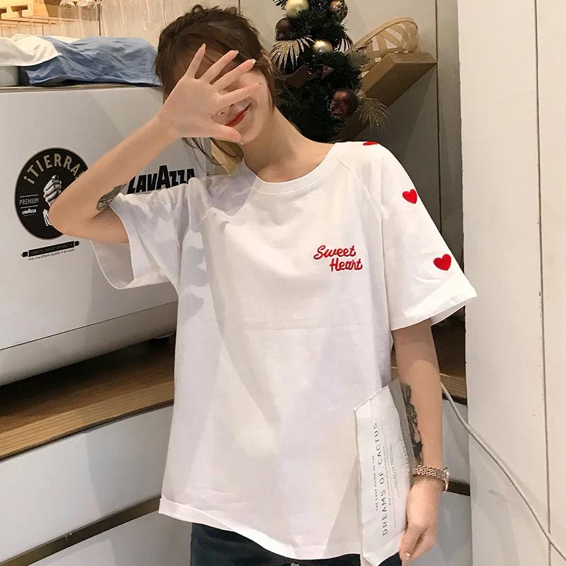 

2019 New Fashion Short Sleeve Cotton Women T Shirt Letter Cute Love Embroidery Tops Female Casual Loose Summer T-Shirt Women