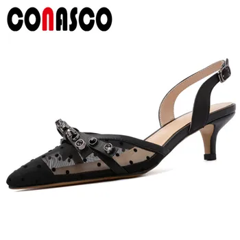 

CONASCO Summer New Fashion Elegant Cow Leather Mesh Women Sandals Classic Pointed Toe High Heels Prom Shoes Woman Office Shoes
