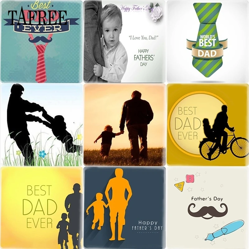 TAFREE Best Dad Ever Father son's Figure Silhouette Picture 25mm Square Glass Cabochon Cameo Settings DIY Father's Day Gift |