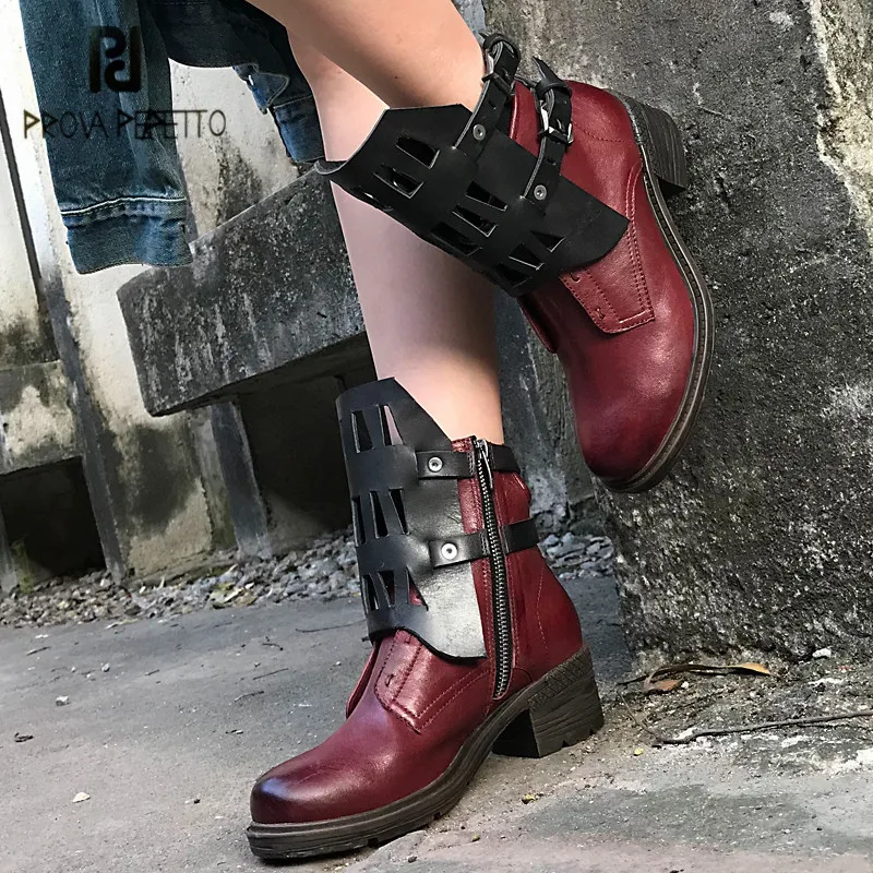 

Prova Perfetto Hollow Out Women Ankle Boots Platform Botas Mujer Genuine Leather Autumn Winter Short Boots Rubber Riding Shoes