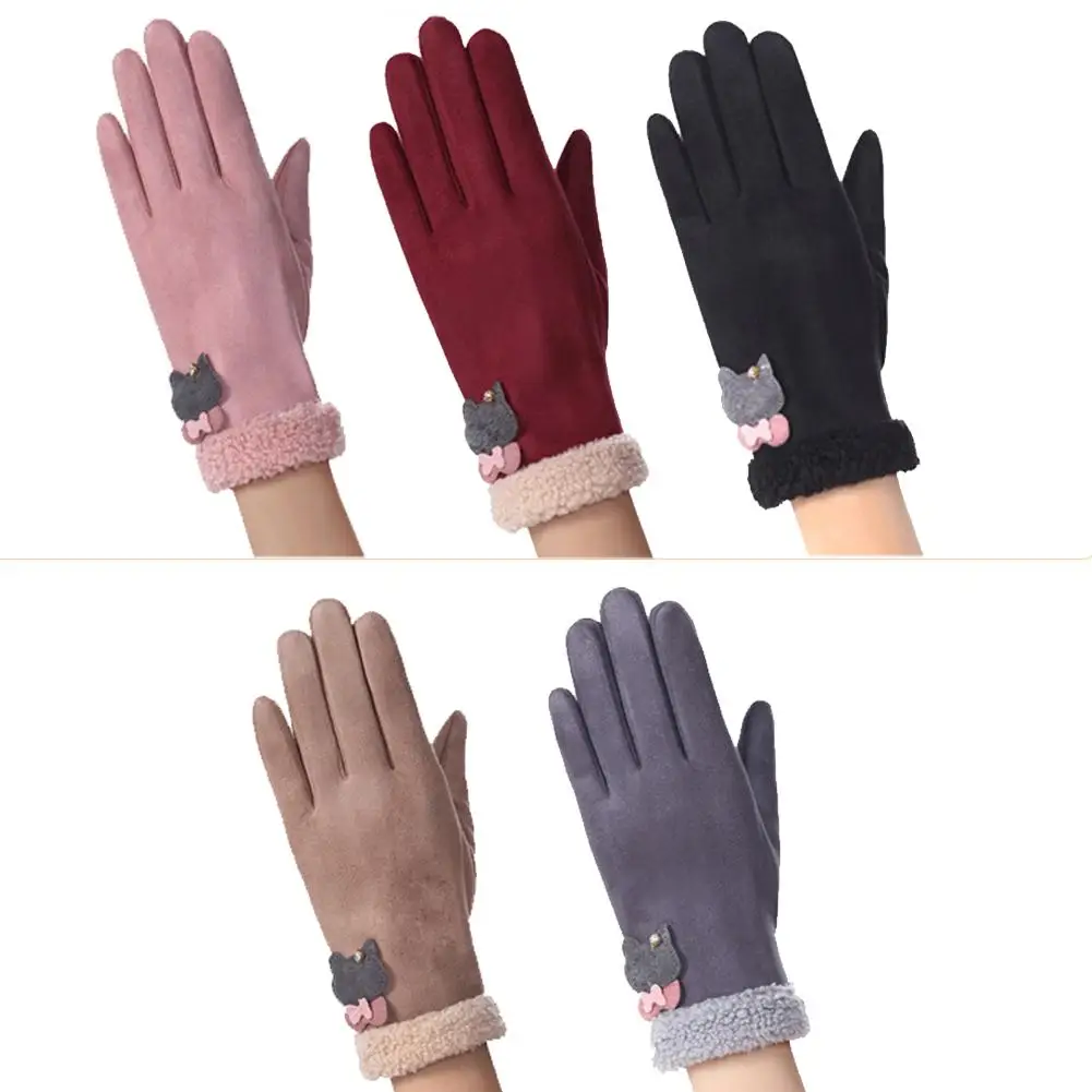 

New Winter Female Windproof Warm Cashmere Cute Cat Mittens Double Thick Plush Wrist Women Touch Screen Driving Gloves