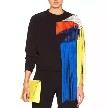 

Women Winter Autumn Tassel Rainbow Pattern Patchwork Sweatshirt Black O-neck Long Sleeves Mesh Fleece Pullover Hoodie FS0497