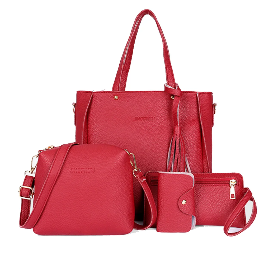 

4pcs/set Women Bags Large Capacity Cosmetic Bag Set Tassel Handbag Fashion Shoulder Bag Purse Ladies Crossbody Bags Black Red