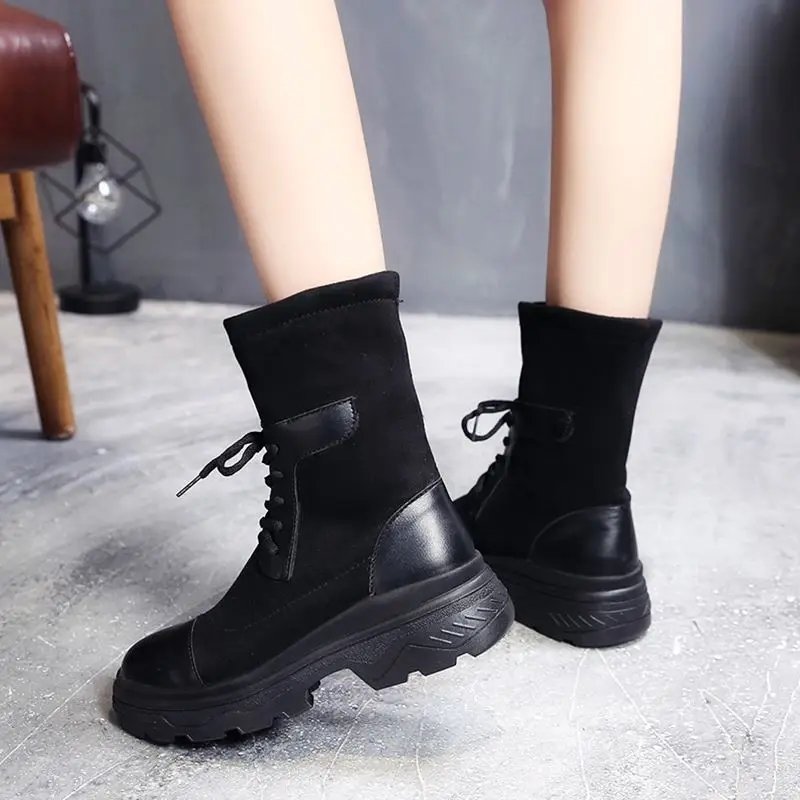 

2018 new thick bottom elastic boots England thick with round head thin boots.