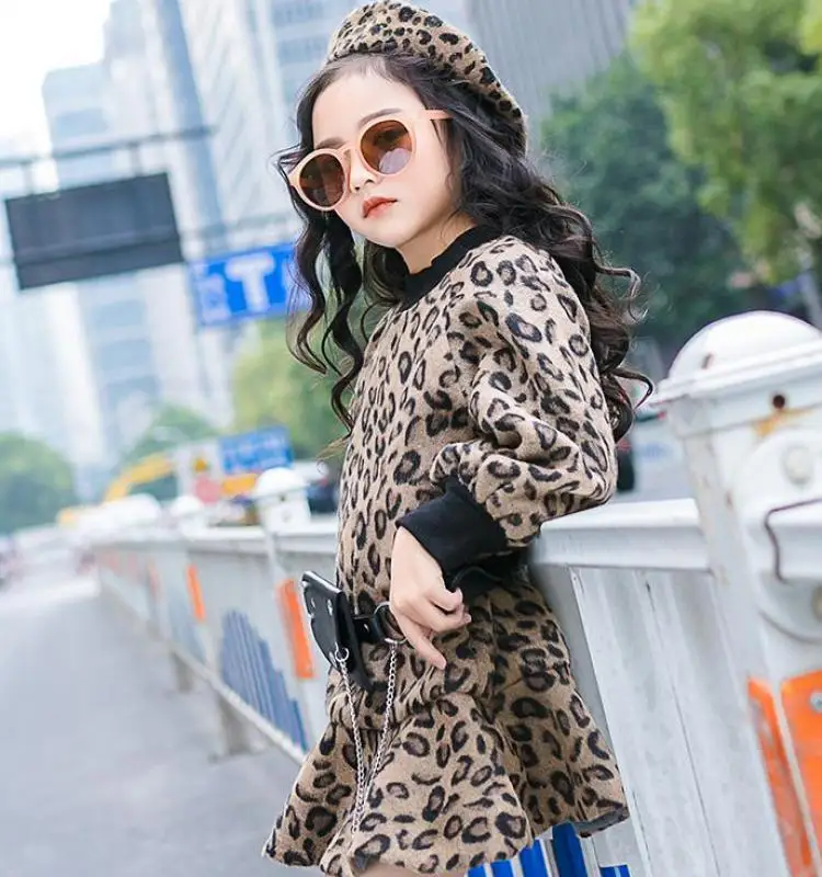 Коллекция года, модное шерстяное платье для девочек весенне-зимние детские леопардовые платья для девочек, одежда утепленные детские костюмы на возраст от 10 до 12 лет - Цвет: leopard