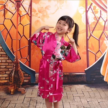 

KidsRobe Lovely Wedding Gown Silk Robes For Flower girls Nightgown Sleepwear Nightdress Satin Bathrobe Royal Floral Kimono 0613