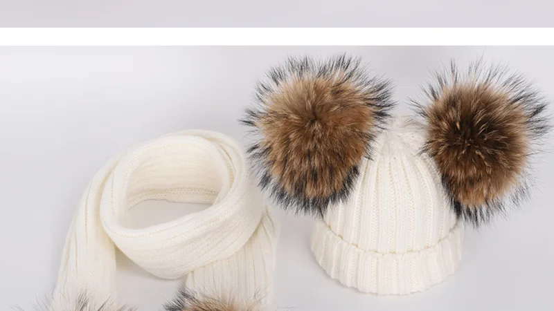 Коллекция года, модная детская шапка из натурального меха енота, шапка с помпоном в горошек для мальчиков и девочек, костюм с толстым шарфом Спортивный зимний теплый лыжный комбинезон