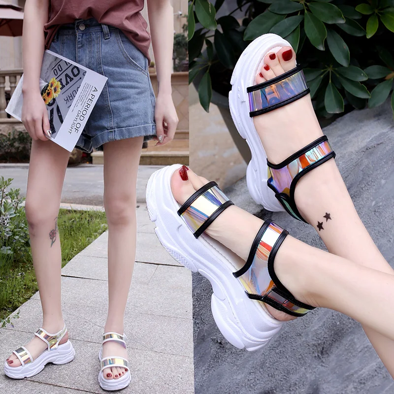 

2019 new fashion flat heels ankle strap laser sandals woman casual beach open toe platform summer shoes women brand mujer