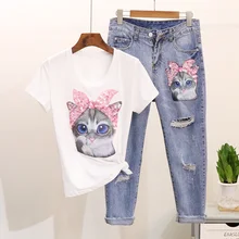 HAMALIEL, летние женские футболки с рисунком, джинсовые костюмы, модные, с блестками, с принтом кота, футболка с коротким рукавом+ джинсовые, с дырками, с кисточками, брюки, наборы