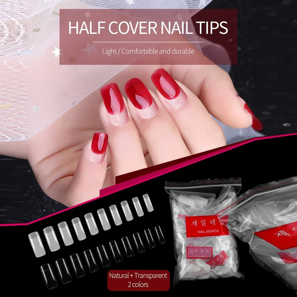 

Natural Transparent Nail Extension Tape With 500 Half Nail Patch In Bag Resin Manicure Tools False Nail Tips Natural Color