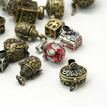

20pcs Brass Prayer Box Pendants, Mixed Shape and Mixed Color, about 9~20mm wide, 14~28mm long, 10~20mm thick, hole: 1.5~5mm
