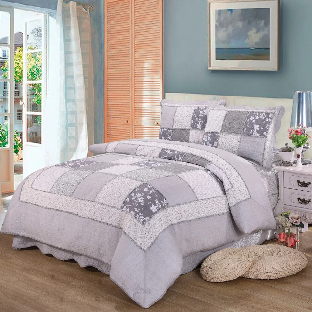 Quality Gray Patchwork Quilt Set 3PCS/4pcs Quilted Cotton Quilts Bed