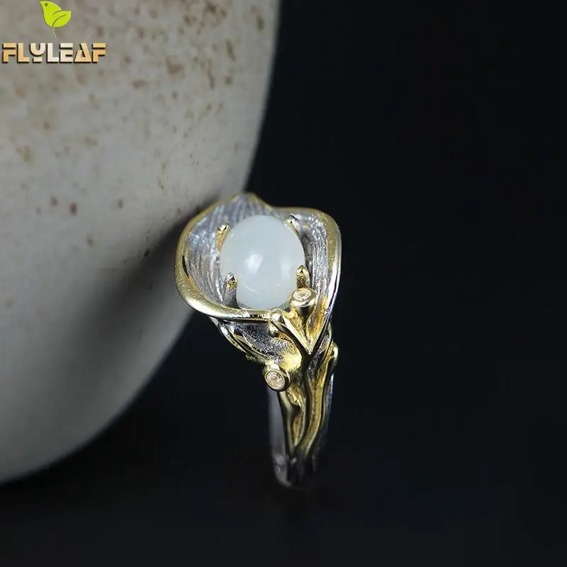 

Flyleaf Brand 100% 925 Sterling Silver White Moonstone Calla Flowers Open Rings For Women Vintage Palace Style Lady Jewelry