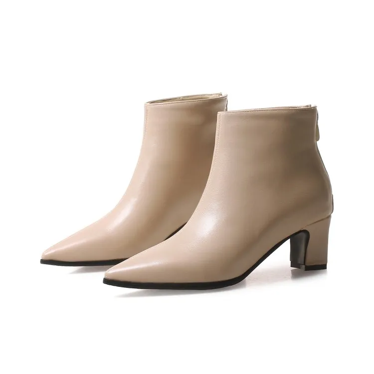 Женские ботинки зимние новые стильные модные однотонные женские ботинки с острым носком на молнии, на толстом каблуке средней высоты, с коротким голенищем, большие размеры 32-48 - Цвет: 1