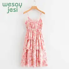 dress women Summer Holiday Beach Dress Women Pink Spaghetti Strap Dress Floral Print Dresses robe femme 2019 pink floral print spaghetti flap over detail bodysuit swimwears