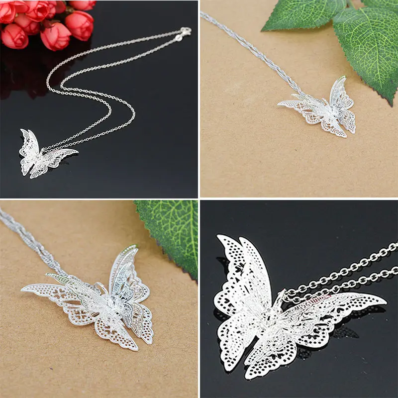 Silver Plated Luxury Crystal 3D Hollow Butterfly Necklace Pendant Fashion Charm Lady DIY Necklace Bracelet Jewelry Pendants