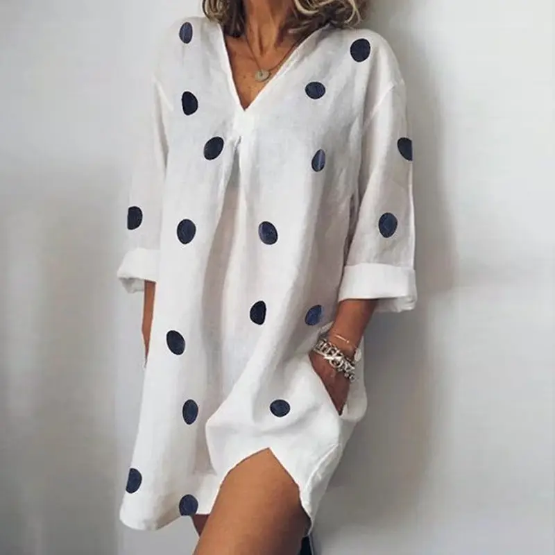 

Plus Size 5XL Women Sexy V-Neck Polka Dot Pocket Dress Elegant Loose Dresses Female Mini Beach Short Dresses