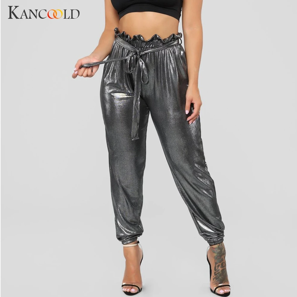 

KANCOOLD jeans Women Fashion Sexy Solid Long Pants jeans Pleated Drawstring High Waist Harem Leather jeans woman 2018Oct26