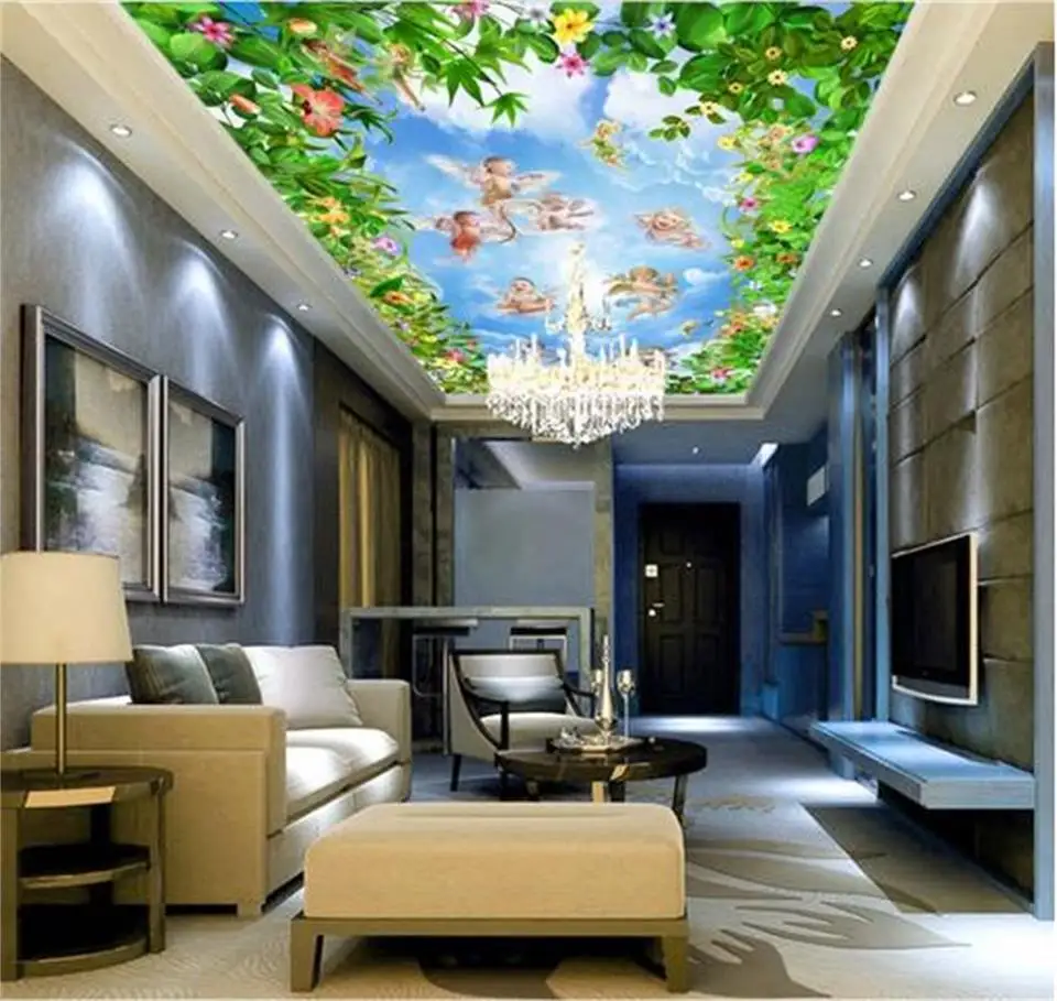 

3d ceiling murals wallpaper custom photo non-woven Flowers Little Angel painting 3d wall mural wallpaper for living room