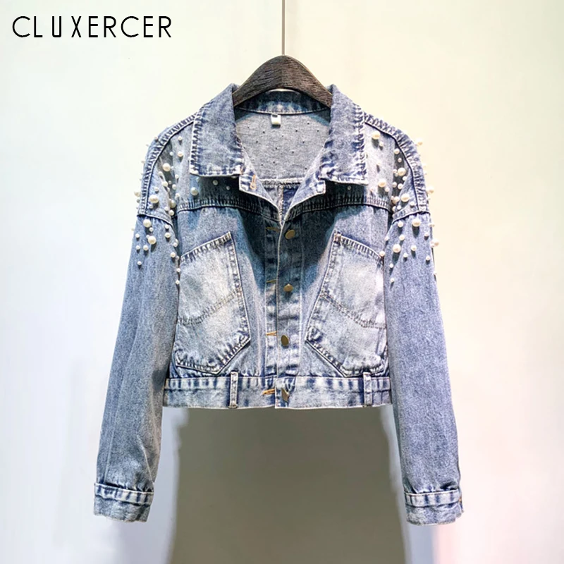 

High Quality Pearl Beading Short Jean jacket 2019 New Spring Autumn Women Long Sleeve Loose Denim Jacket chaqueta mujer