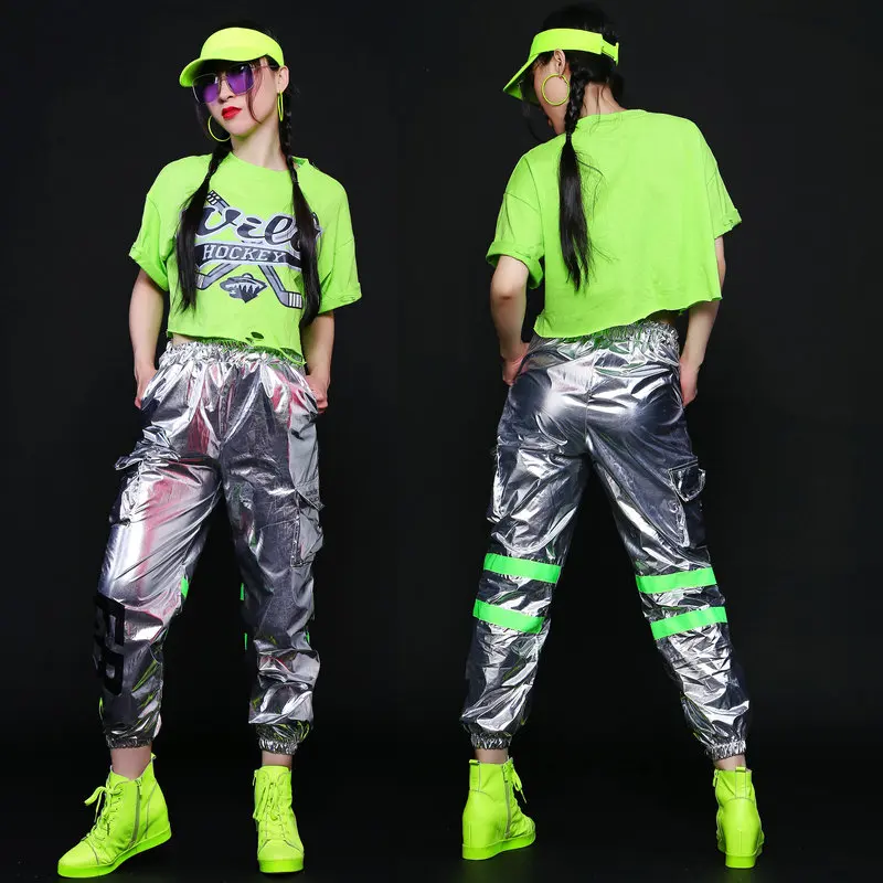  Jazz Dance Costumes Ladies Tops Silver Pants Hip Hop Clothing Street Dancing Outfits Women Cheerlea