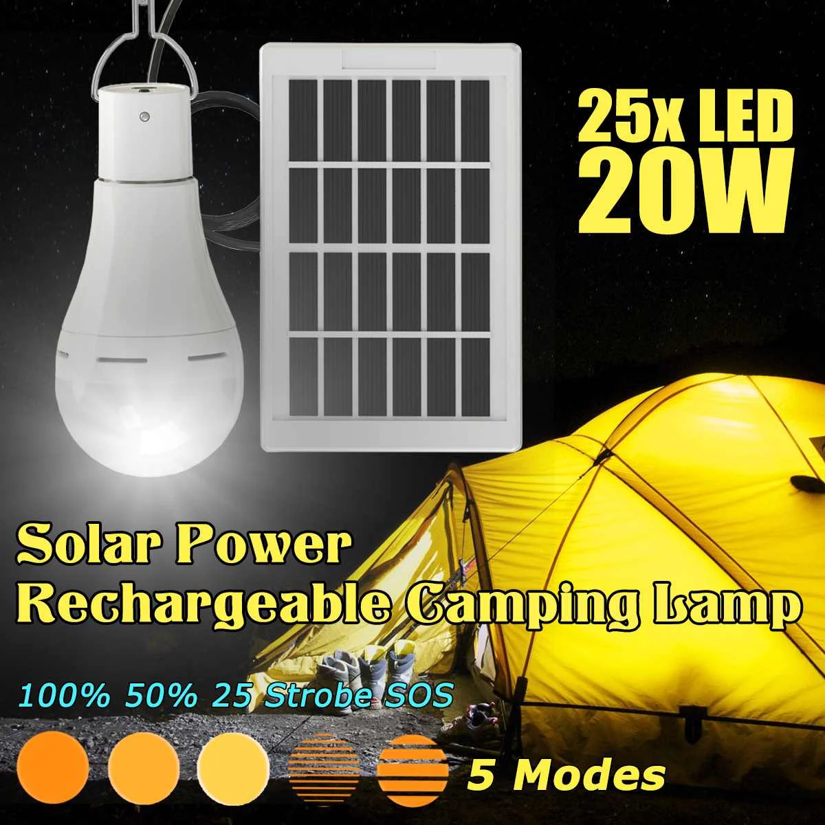 

Solar Bulb Emergency 20W 13500LM Smuxi Portable 5 Modes Changeable Outdoor Solar Panel Light USB Rechargeable Tent Camping Light