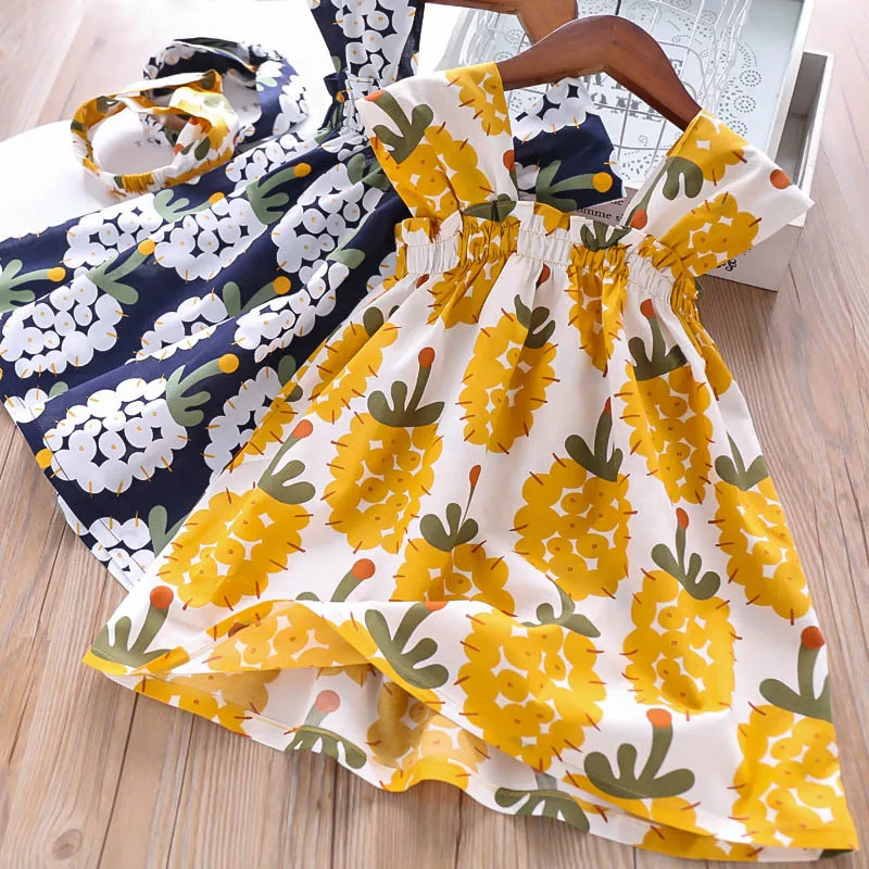 Платье с принтом для девочек, обруч для волос,, лето