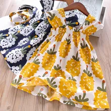 Платье с принтом для девочек, обруч для волос,, лето