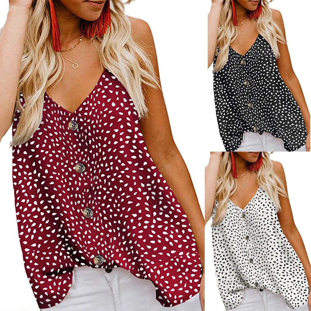 

Female Button Down Strappy Print Tank Top Casual Shirts Women's V-neck Sleeveless Pleated Loose Shirt Vest debardeur femme sexy