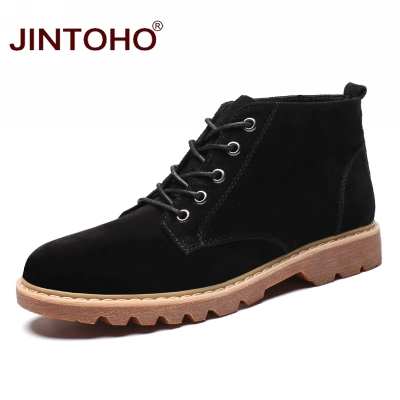 black JINTOHO/Мужская зимняя обувь больших размеров; мужские зимние ботинки из коровьей замши; кожаные ботинки на шнуровке; мужские Ботильоны; коллекция года; мужские кожаные ботинки - Цвет: black