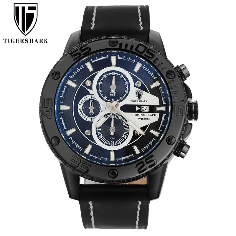 2016 TIGERSHARK popular brand luminous black dial watches men sport chronograph 30M waterproof date genuine leather