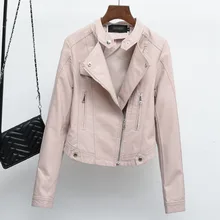 Новые весенне-осенние женские куртки мотоциклиста Куртки из искусственной кожи тонкий стоячий воротник молния женская верхняя одежда из искусственной кожи розовый черный