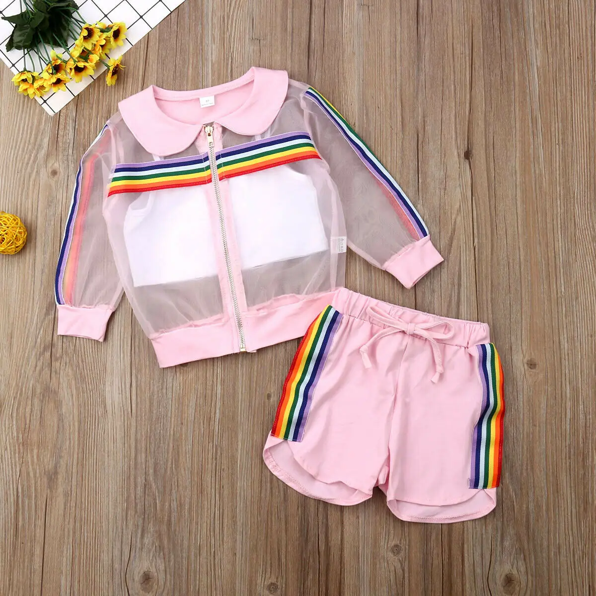 

2019 Children Summer Clothing Toddler Kids Baby Girl Mesh Coat+Vest+Pants Outfit 3Pcs UV Sunsuit Colorful Rainbow Striped Set