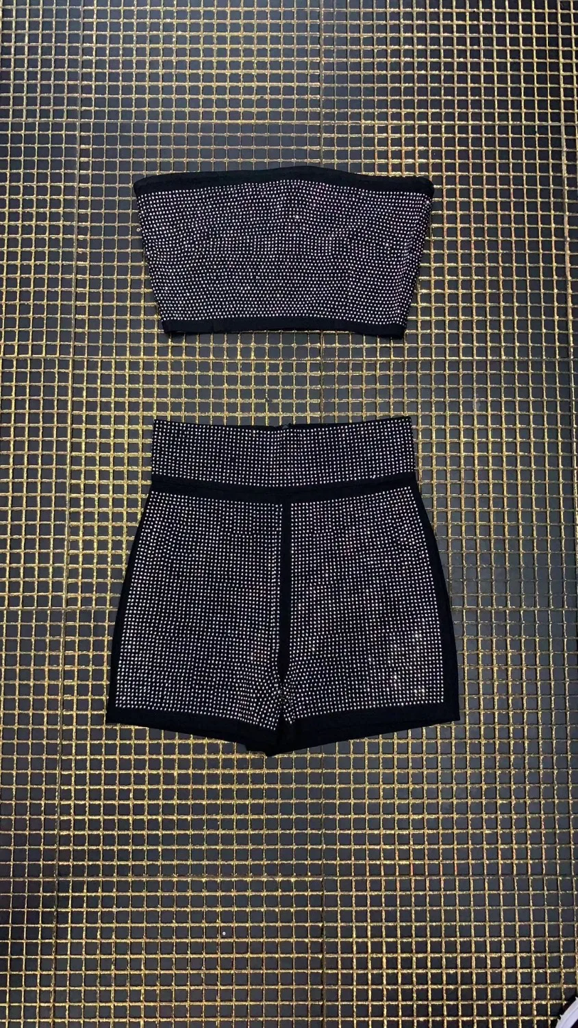 Модные черные Bodycon Playsuit высокое качество блеск блестками Топ без бретелей два комплект из 2 предметов короткий комбинезон пикантные клубвечерние