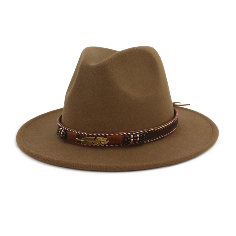 QIUBOSS суперзвезда с широкими полями винтажные шерстяные фетровые шляпы для женщин Панама Федора для мужчин фетровая шляпа сомбреро Chapeau Femme Gambler Trilby - Цвет: light coffee