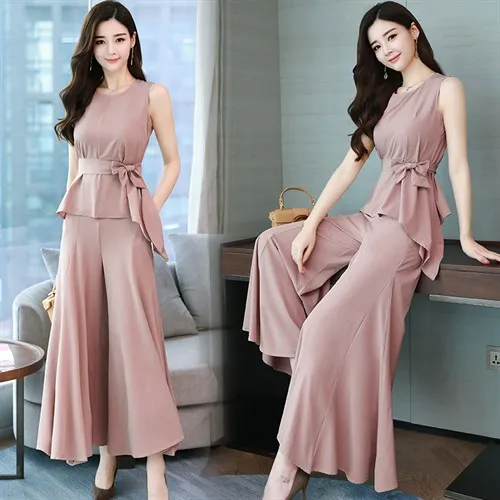 

2018 Summer Women solid tops shirt+wide leg trousers Sets lady sleeveless 2 Pieces elegant fashion Suits top quality