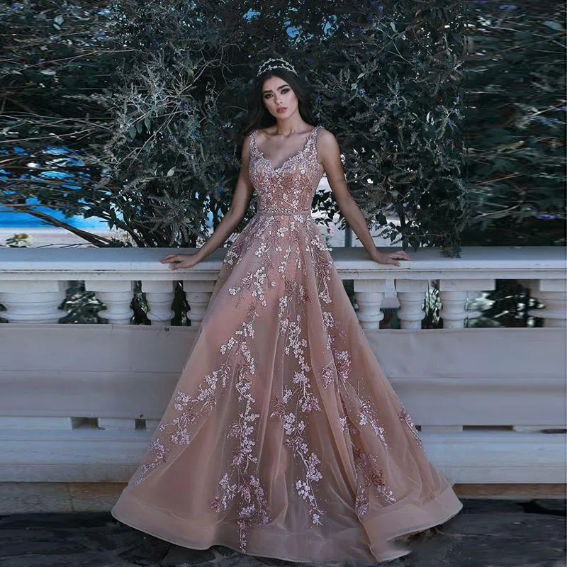 2018 Arabic V Neck Lace A Line Evening Dresses Sleeveless Sheer Tulle Applique Beaded Formal Long Party Prom Dresses189