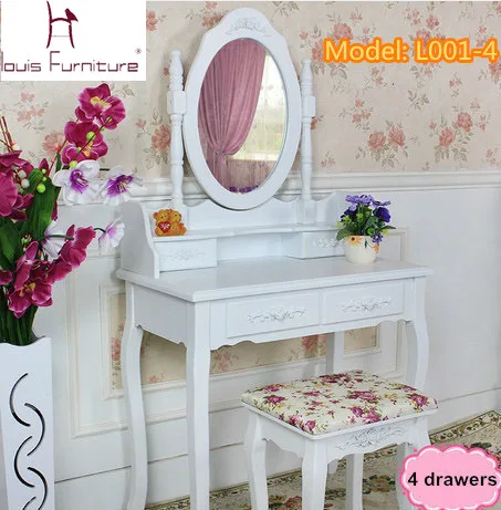 

White Ivory colored Queen Anne style dresser Make Up dressing table vanity set with swivel oval mirror and stool