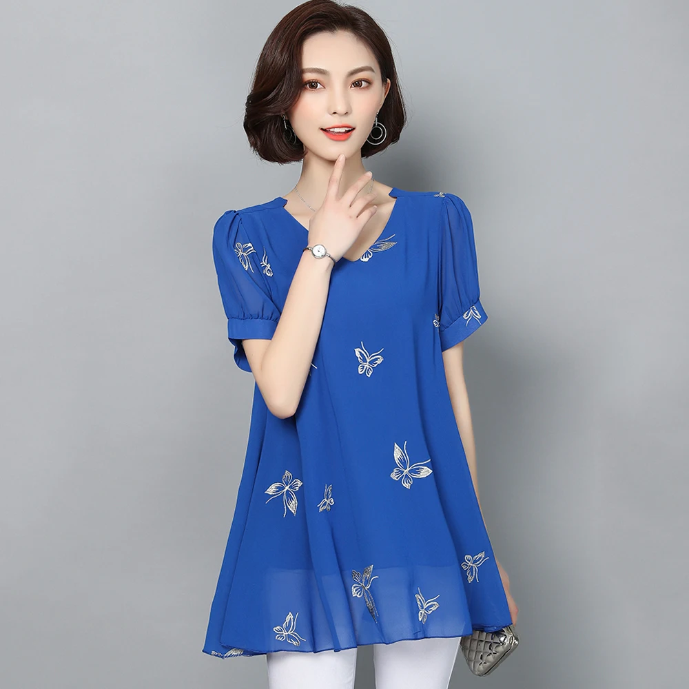 Spring and summer new style Women's large size L-6XL short sleeve blouses Butterfly embroidery temperament chiffon top