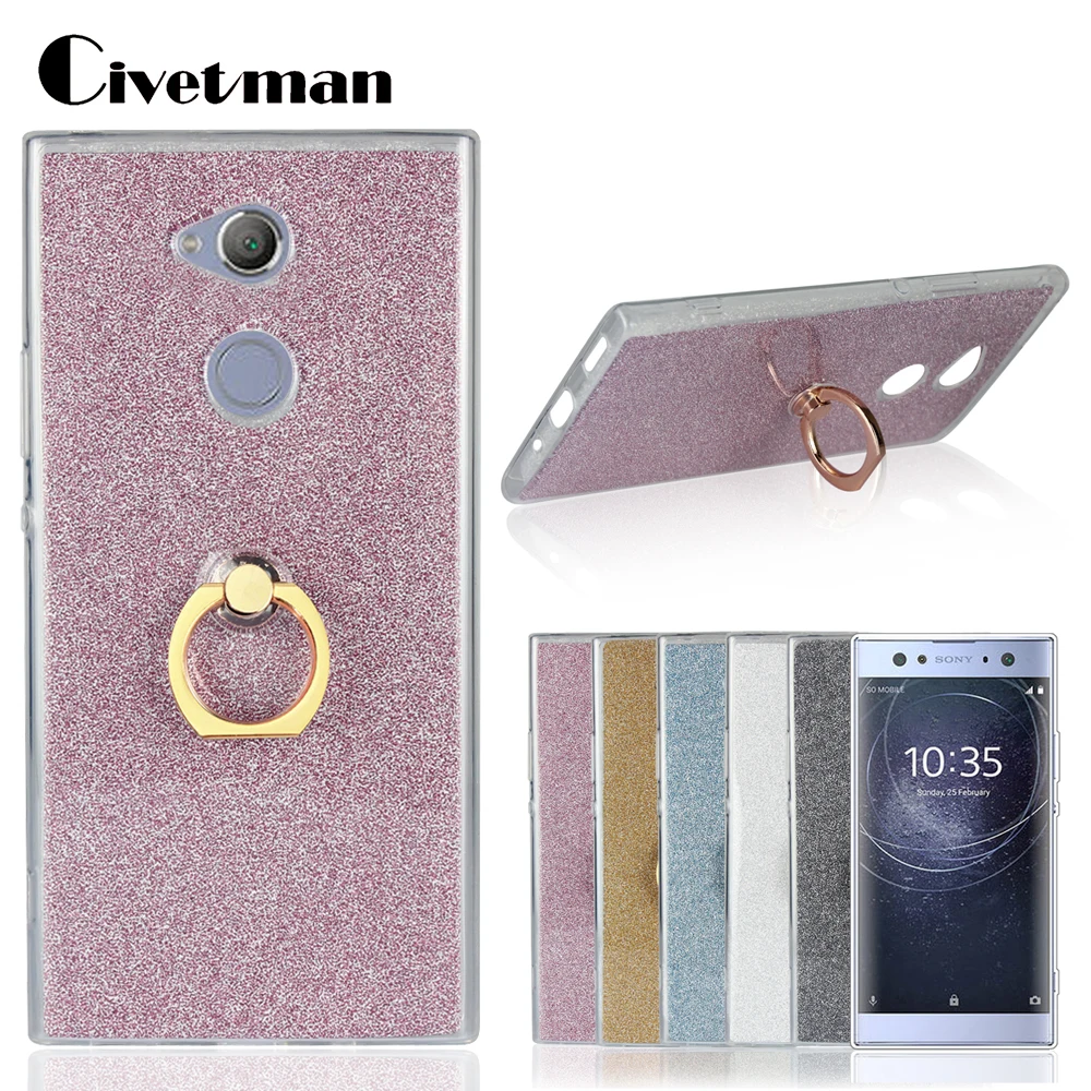 

Cover Phone Case For Sony Xperia XA2 Ultra 6.0" TPU Silicone Transparent Shell + Flash Glitter Powder Sticker Metal Finger Ring