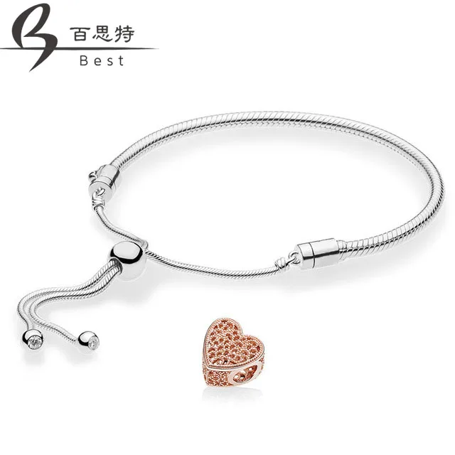 

BEST 100% 925 Sterling Silver New ROSE OPENWORK Bead with Romance Sliding Armband MOMENTS SLIDING BRACELE Set