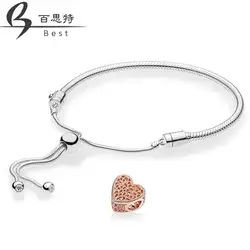 Лучший 100% стерлингового серебра 925 Новый розовый ажурный шарик с романтической скользящей повязкой моменты скользящий браслет набор