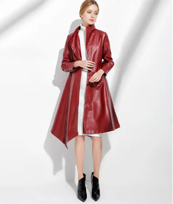 Женские Длинные куртки и пальто из искусственной кожи с поясом, женские модные куртки с неровным подолом из искусственной овечьей кожи высокого качества A3640