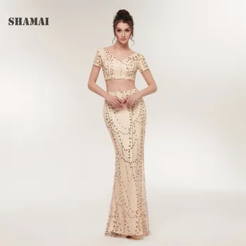 

SHAMAI Mermaid Long Evening Dresses V-Neck Sequined Party Dress Sexy Two Pieces Prom Gowns Fast Shipping Robe De Soiree