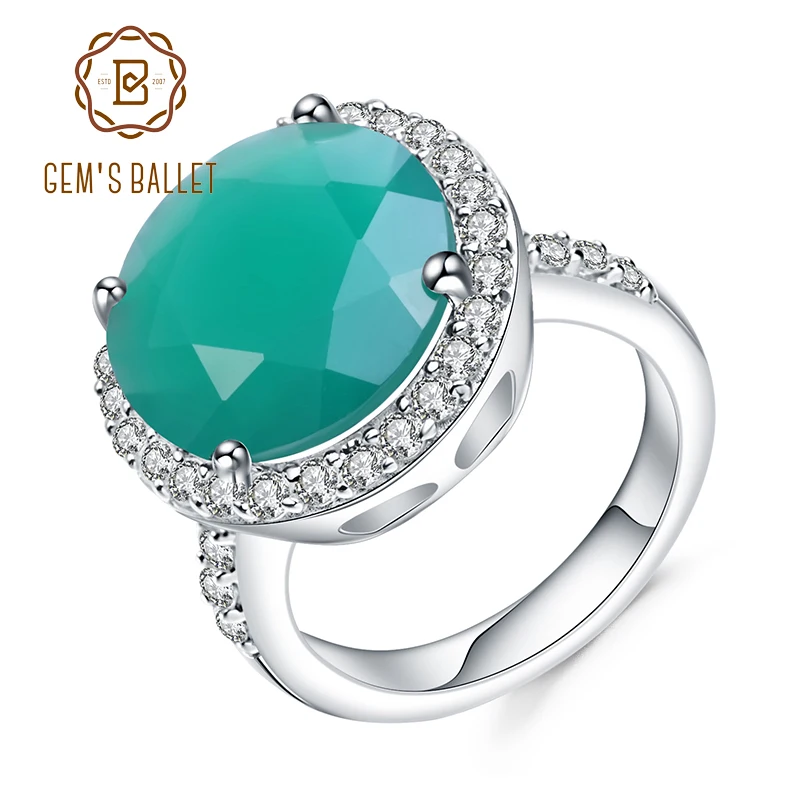 

GEM'S BALLET 4.79Ct Natural Green Agate Gemstone Ring 925 Sterling Silver Vintage Halo Cocktail Rings for Women Fine Jewelry