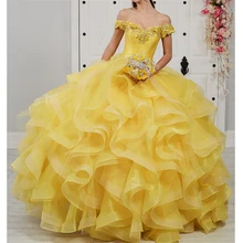 Vestido бальное платье желтое кружево с аппликацией бисером многослойное Пышное Платье Vestidos 15 Vestido De Quinceanera