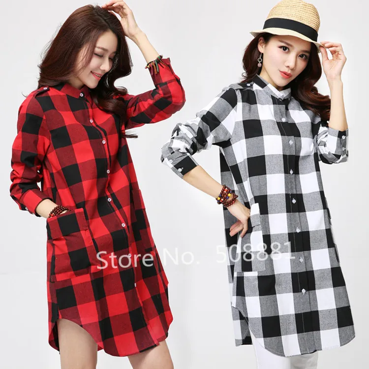 

M,L,XL,XXL Black,Red 2015 New Vintage Dress Women Tunic Lady Long Plaid Shirt Blouse Vestidos Big Plus Size Women Casual Dresses