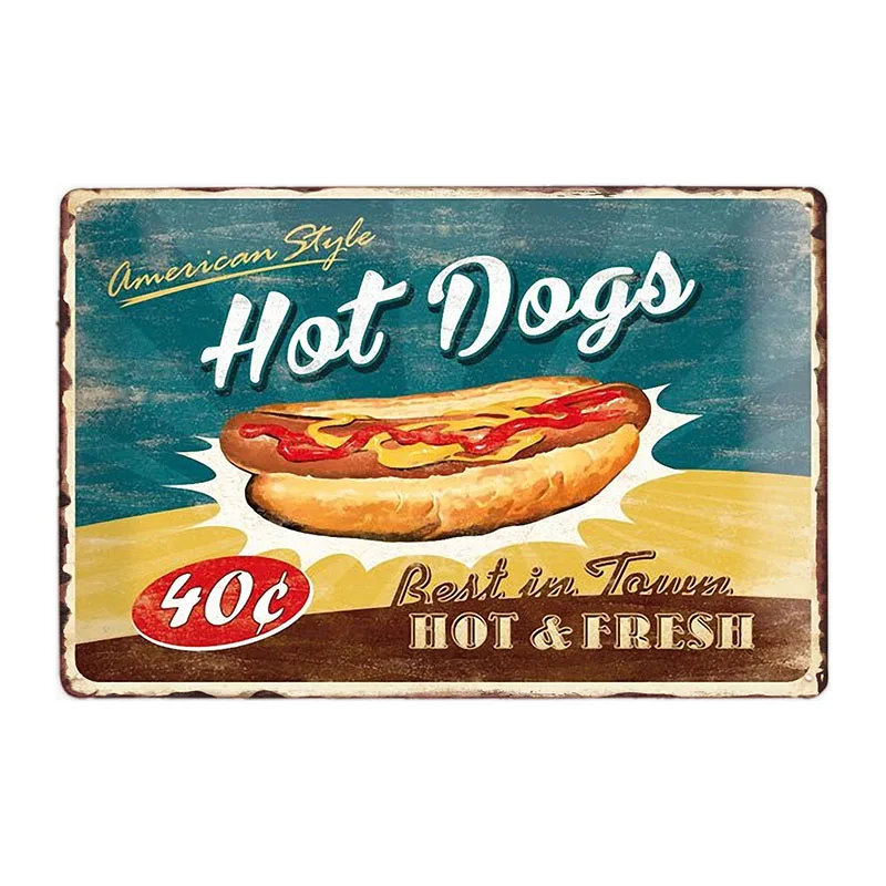 Hot Dogs Retro Tin Sign Hotdog Metal Poster Vintage Plaque Fast Food Hotel Shop Wall Decor 20x30cm