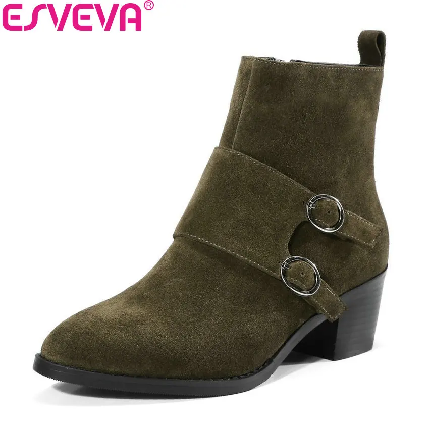 

ESVEVA 2019 Women Boots Buckle Square Heels Shoes Ankle Boots Pointed Toe High Heels Zipper Autumn Martin Boots Size 34-39