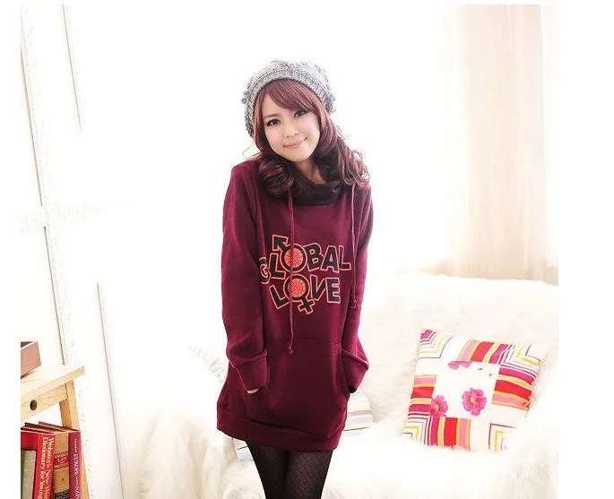 2015 women's Korean Hooded Thicken Fleece Letters Printed Coat Wine Red | Женская одежда